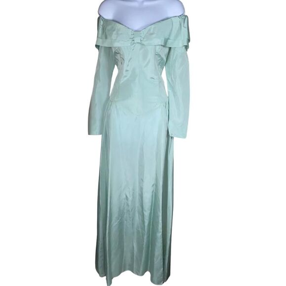 Vintage Light Blue/Teal Off-The-Shoulder Satin Bridesmaid Formal Gown - Picture 7 of 8